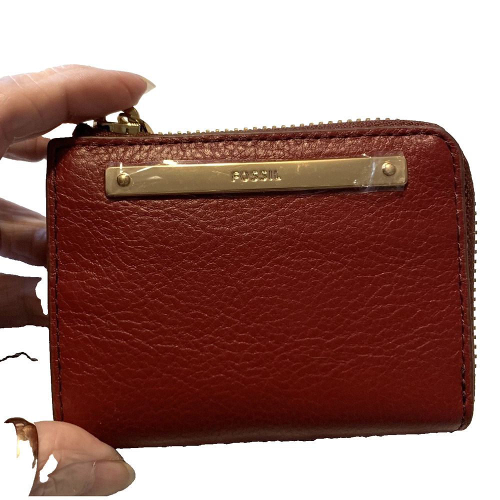 Fossil Pebbled Leather Wallet Compact Burgundy Red Brass Findings Original Tag